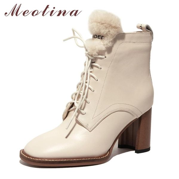 

boots meotina real leather high heel ankle women square toe chunky heels shoes zip cross tied short female autumn black 42