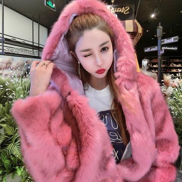 

women's fur & faux hooded bomber thick jacket flocking cardigans coat long-sleeved loose rose outwear high waist trenchs, Black