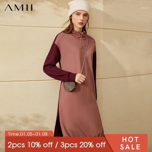 

amii minimalism autumn winter fashion sweatershirt dress causal stand collar patchwork hoodie women dress for women 120403871, Black;gray