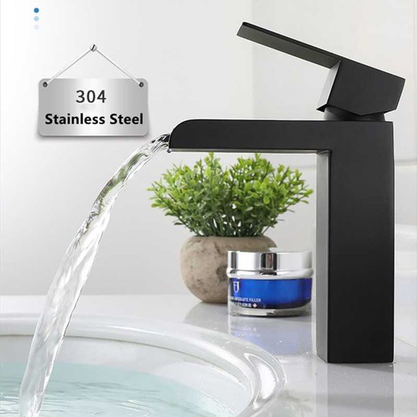 

black paint waterfall bathroom basin faucet square vanity sink mixer & cold lavotory tap single handle