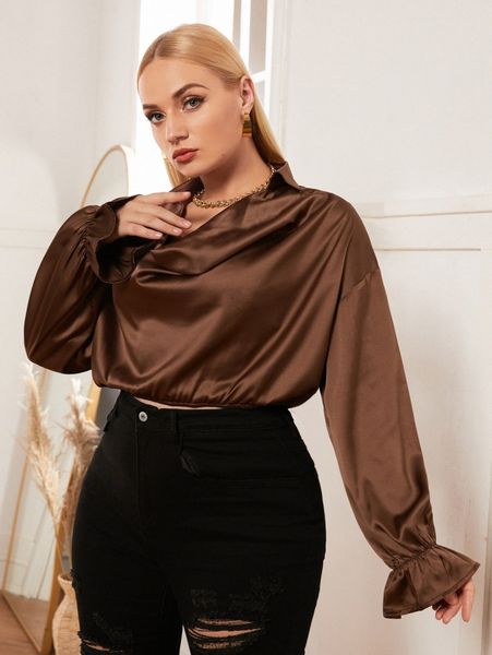 

plus flounce sleeve draped satin blouse g5r2#, Black