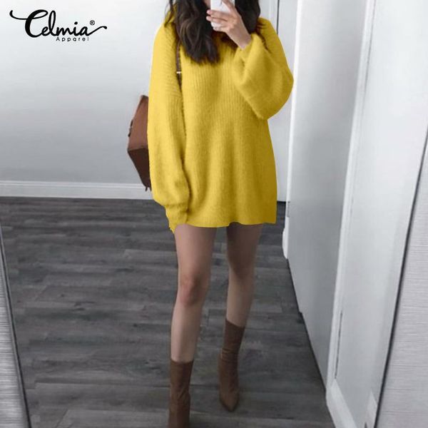 

celmia autumn knitted sweater dress women casual winter dress loose pullover jumpers pull long sleeve knitting mini vestidos1, Black;gray