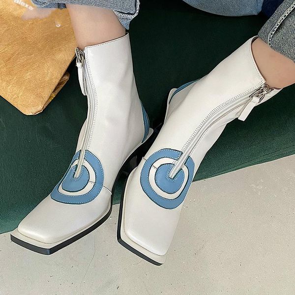 

boots elegant genuine leather women 2021 autumn winter square toe thick heels pumps party working shoes ankle for, Black