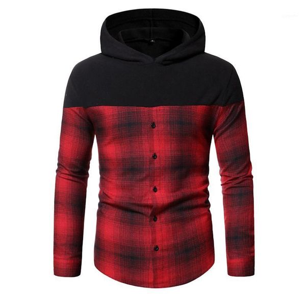 

new autumn casual hooded spliced plaid shirt for men1, White;black