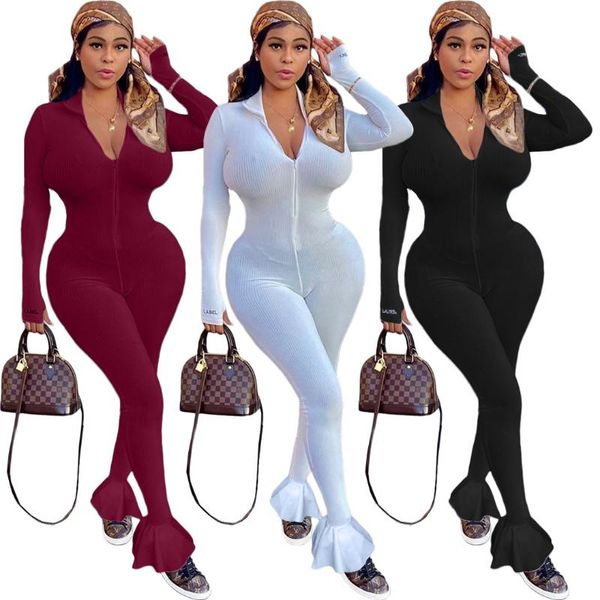 

women autumn winter casual fashion bodycon solid thread embroidery ruffle zipper jumpsuit playsuit rompers plus size, Black;white