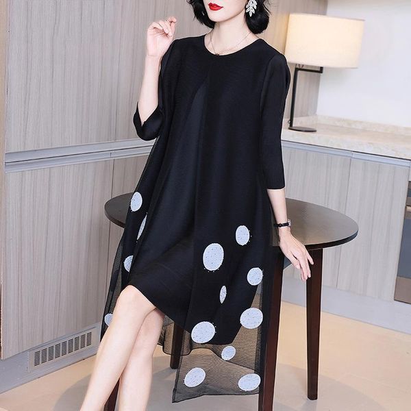 

casual dresses pleated mother's dress spring women's loose plus size high end a-line black, Black;gray