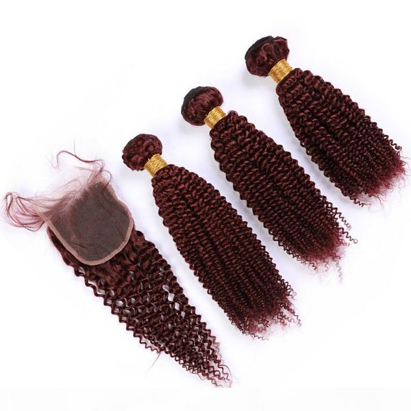 

wine red malaysian curly human hair wefts with closure kinkys curly hair weaves #99j burgundy human hair 3bundles with lace closure 4x4&quot, Black
