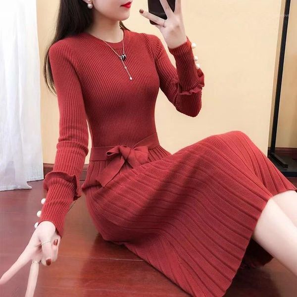 

autumn and winter women's long sweater dress long-sleeved round neck sweater bottoming skirt over the knee women's pleated skirt1, White;black