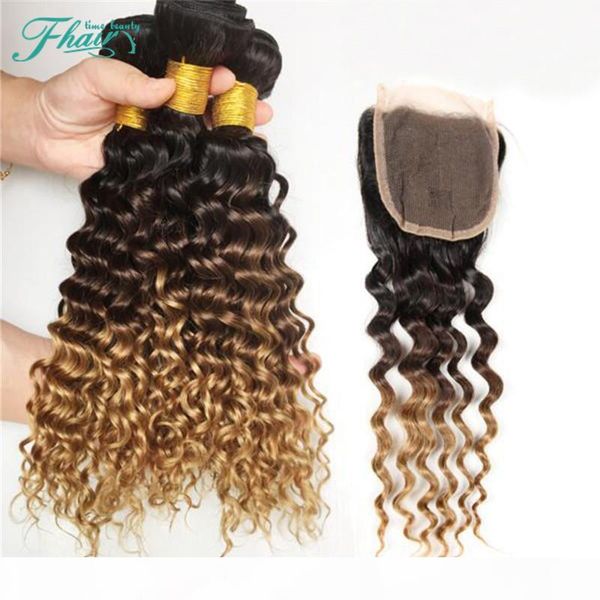 

7a brazilian deep wave ombre human hair extensions #1b 4 27 ombre hair weave bundles with three tone ombre lace closure 4pcs lot, Black