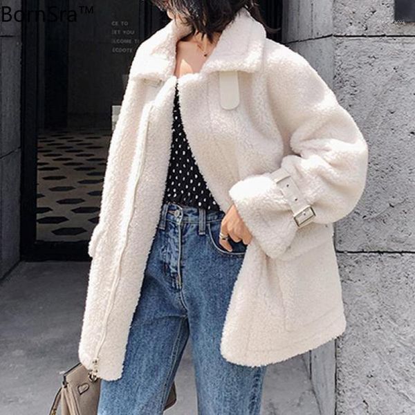 

bornsra ladies jackets and coats winter long sleeve loose warm casual teddy fur jacket women wool solid thick overcoat korean1, Black