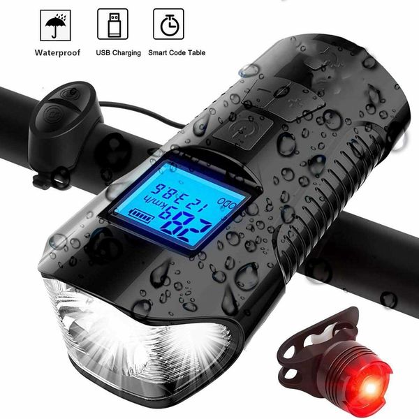 

43fgin 1 usb 3 rechargeable waterproof bicycle headlight handlebar bike front rear light speedometer accessories