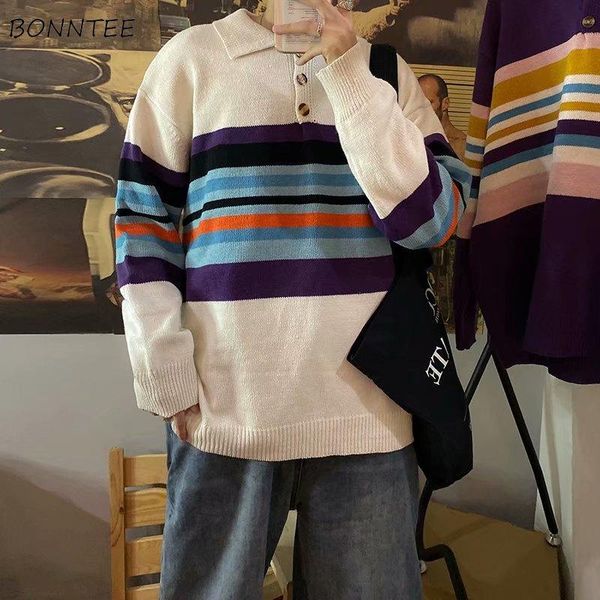 

men's sweaters men pullovers striped turn-down collar long sleeve fashion ulzzang casual baggy harajuku streetwear male knitting ins, White;black