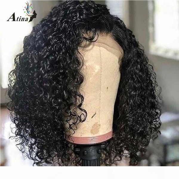 

13x6 lace front human hair wigs pixie cut short bob curly preplucked with baby hair for black women 150 density atina, Black;brown