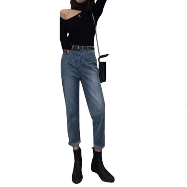 

women fashion sell loose jeans vintage straight high waist pants cuffs washed female casual jeans, Blue