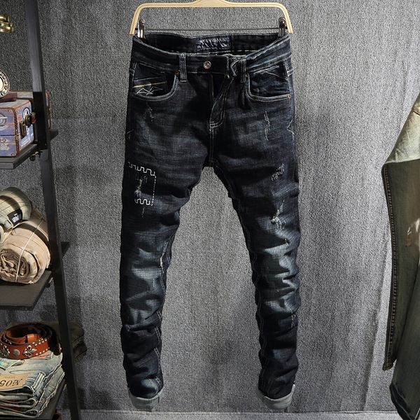 

2021 new italian style fashion black color slim fit ripped men cotton denim pants streetwear elastic hip hop jeans homme q5f2, Blue