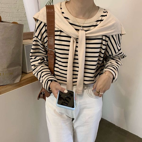 

huang zheng stitching shawl fake two piece striped t-shirt women's autumn 2020 korean loose woolen m8156, White;black