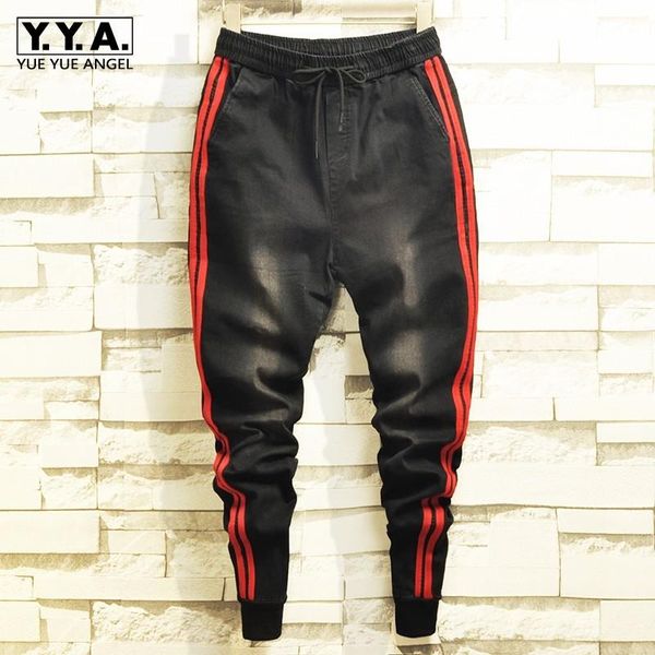 

autumn side striped elastic waist black denim pencil pants men fashion casual slim fit korean male brand clothing kg-967, Blue