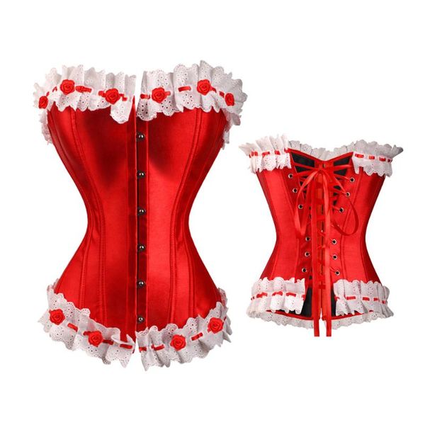

red lolita women ruffled corset bustier halloween costume lace up lingerie overbust body shaper waist trainer size 2xl, Black;white