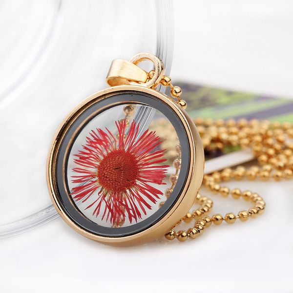 

red sun dried flower necklace round ing bottle necklace diy locket jewelry pendant, Silver