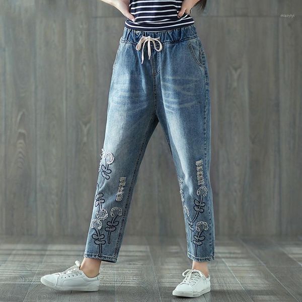 

ewq] new summer autumn jeans 2019 fashionhole embroidery elastic waist drawstring jeans big size loose denim women pants qd1621, Blue