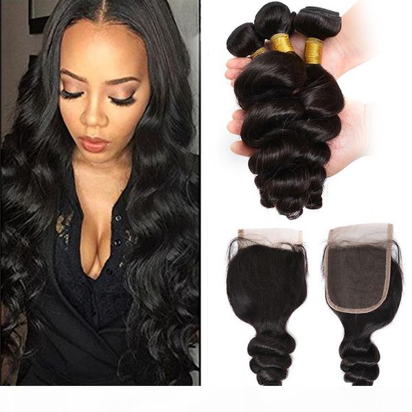 

7a human hair weaves with closure brazilian loose wave human hair weft with lace closure black loose wave hair bundles, Black;brown