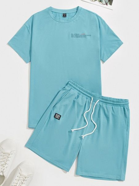 

men slogan graphic tee & track shorts set 05hk#, Gray