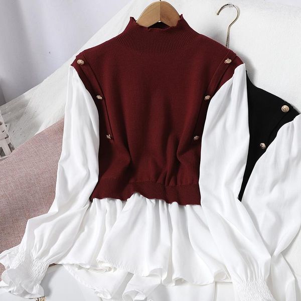 

women's sweaters splicing color contrast long sleeve fake two piece temperament winter wear versatile thin breasted sweater, White;black
