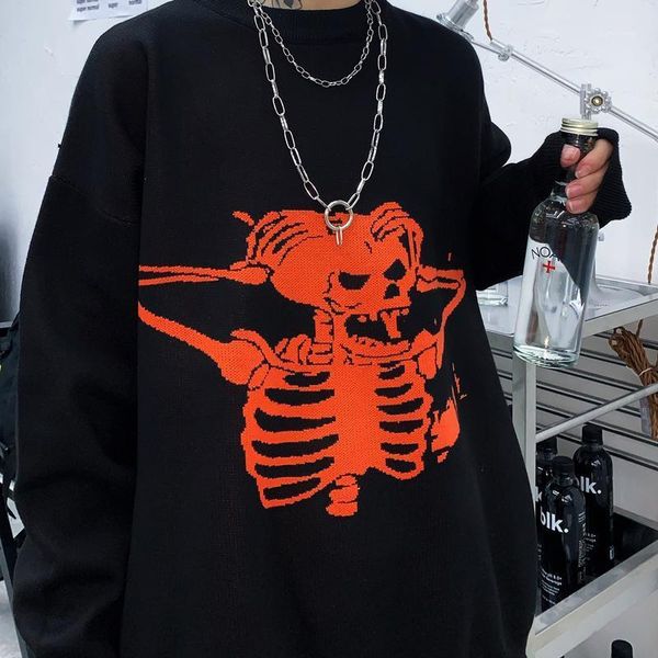 

harajuku loose sweaters women gothic punk skull pattern oversized sweater long sleeve female streetwear knit sweaters1, White;black