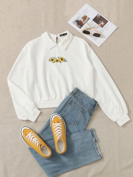 

drop shoulder keyhole back floral embroidery colorblock pullover j42b#, White;black