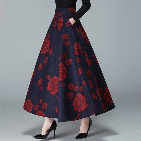 

mom plus size vintage high waist woolen skirts spring winter 2019 fashion women maxi skirts female casual office long streetwear, Black