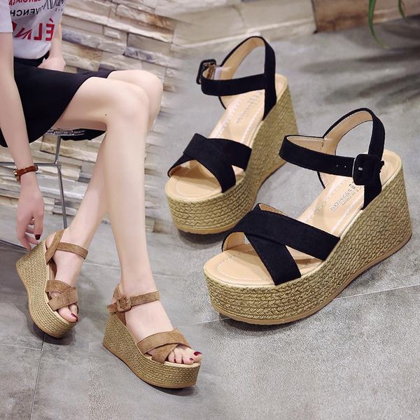 

sandals retro high nice female summer heel muffin straps women shoes, Black
