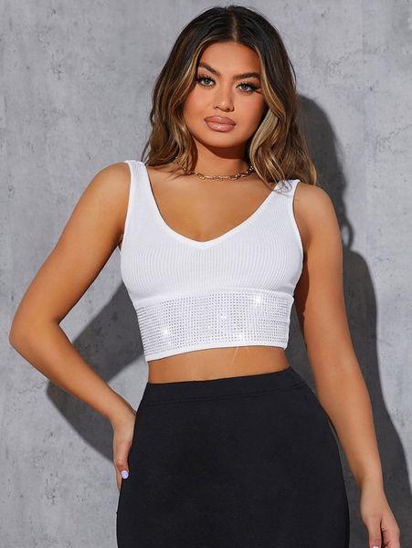 

sxy rib knit rhinestone detail crop tank z4do#, White