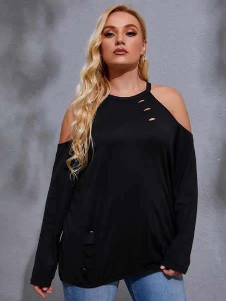 

plus cold shoulder ripped tee f5bd#, Black