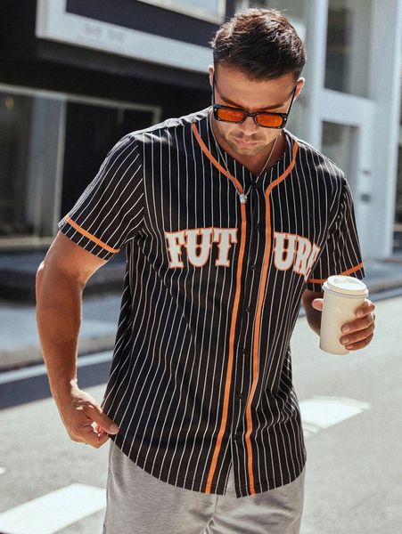 

extended sizes men letter & striped print shirt z9os#, White;black