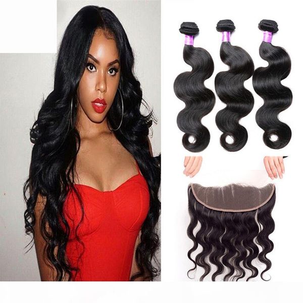 

9a brazilian body wave with closure 13x4 ear to ear lace frontal closure with 3 bundles 8"-30" inch dhl, Black
