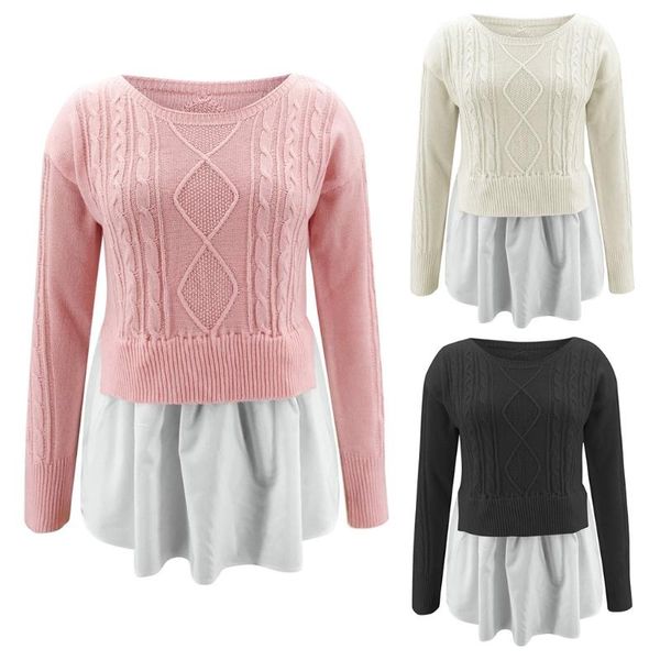 

women autumn long sleeve twist cable knit sweater flared ruffles hem patchwork pullover casual loose crew neck jumper shirt, White;black