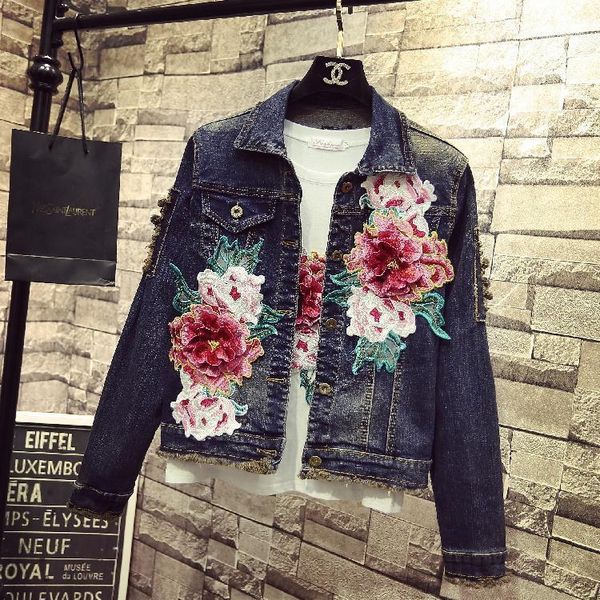 

new denim jacket coat for women spring autumn hole peony embroidery long sleeve outwear all-match casual students jeans jackets1, Black;brown
