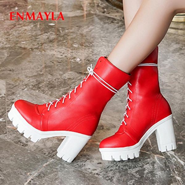 

enmayla round toe lace-up motorcycle boots square heel super high mid-calf short plush solid women boots black red white