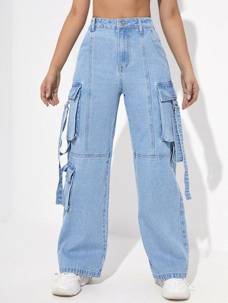 

high waist flap pocket tape cargo jeans w7ls#, Blue