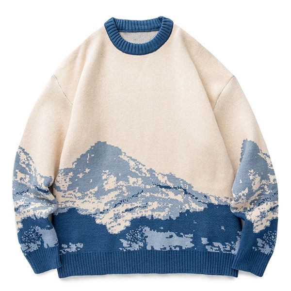 

new 2021 harajuku snow mountain knitted gradient embroidered sweater pullovers hip hop streetwear retro knit pullover winter 05yg, White;black