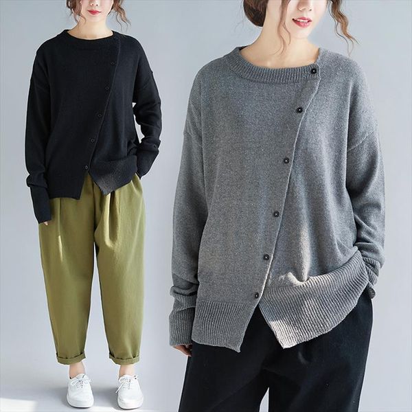 

autumn new solid color o neck long sleeve knitting 2020 single breasted loose casual pullover women sweaters, White;black
