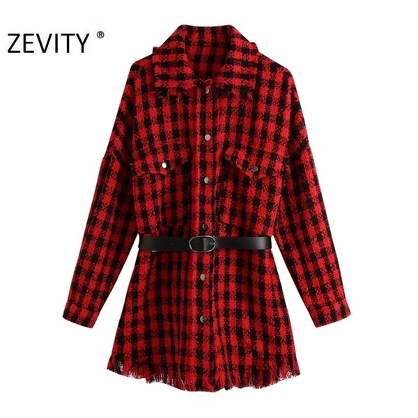 

zevity women vintage plaid print sashes tweed woolen shirt coat femme long sleeve pocket hem tassel chic jacket brand ct592 201210, Black;brown