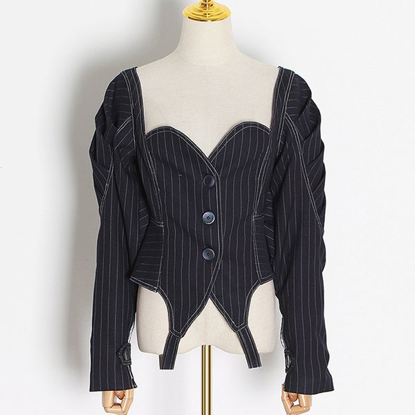 

women vintage jacket coat reversible off shoulder stripe high waist tunic jacket 201028, Black;brown
