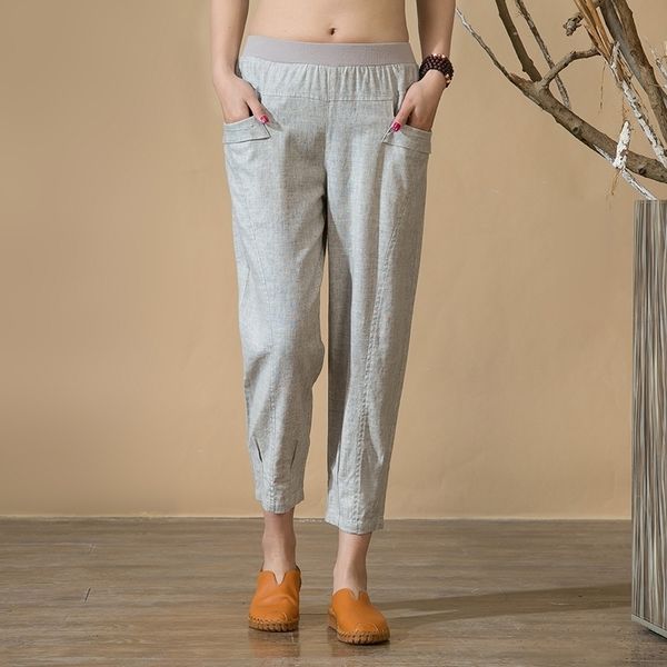

women casual harem pants spring summer ankle-length trousers female elastic waist women pants cotton linen high waist pants 4xl 201106, Black;white