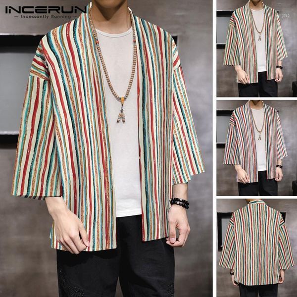 

incerun man retro cardigan open stitch fashion loose harajuku kimono camisa men vintage stripe shirt long sleeve blouse 3xl1, White;black