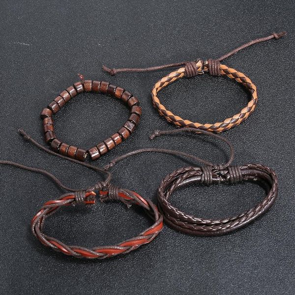 

eif dock 4pcs/set 2020 retro multi-layer brown wood beads pu leather wrap bracelets jewelry gift for men drop qyliex