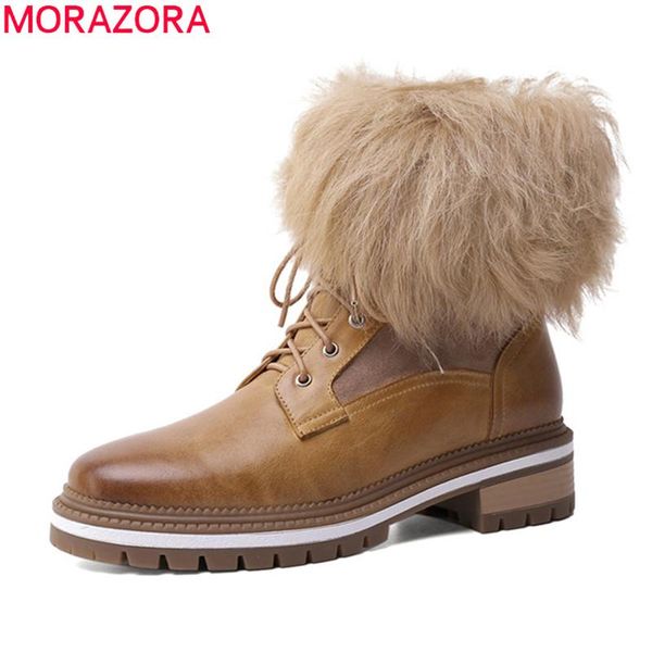 

morazora 2020 winter boots genuine leather boots ladies shoes med heels round toe black brown color ankle for woman