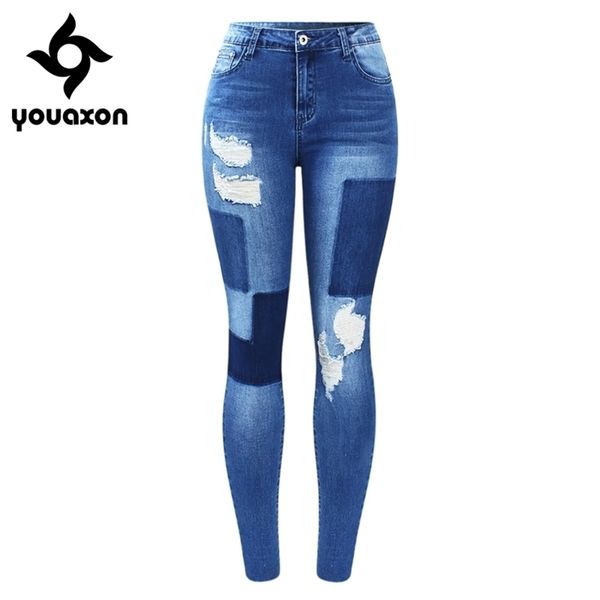 2172 Youaxon Nuovi jeans elasticizzati con toppe finte Jeans donna Pantaloni in denim strappato blu Pantaloni per donna Jeans skinny a matita 201223