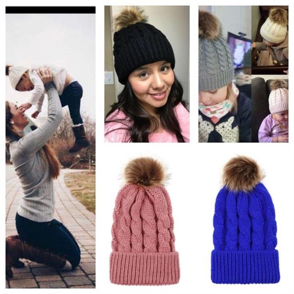 

9 цветов beanie зимний теплый родитель-ребенок вязаные шапки дети взрослые вязаные шапки открытый моды череп шапки с большой pom pom hat e10, Yellow