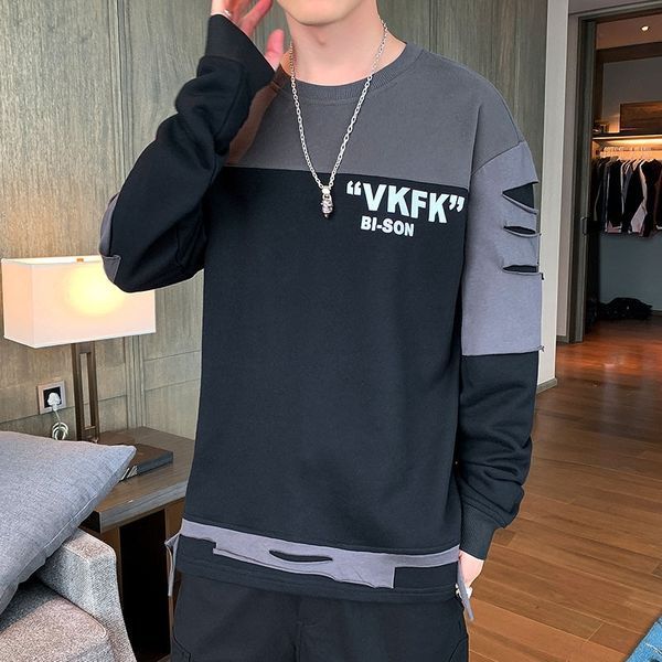 

01qtf autumn letter stitching new neck t-shirt sweater printing long sleeve sweater men's fashion loose large size round long sleeve t, Black